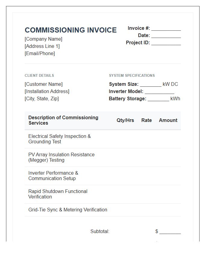 Solar Energy System Commissioning Invoice Template