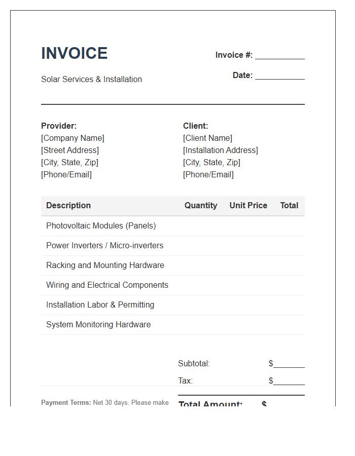 Solar Panel Array Setup Invoice Template