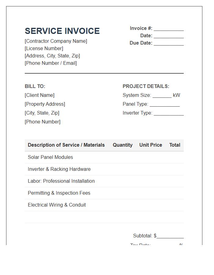 Solar Panel Installation Contractor Service Invoice Template