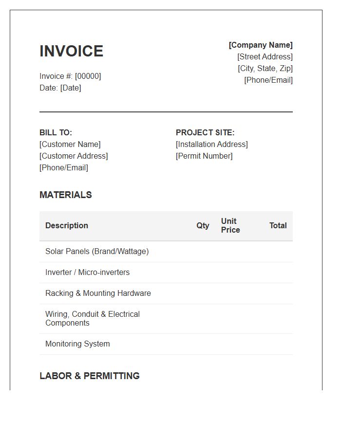 Solar Panel Installation Labor And Materials Invoice Template