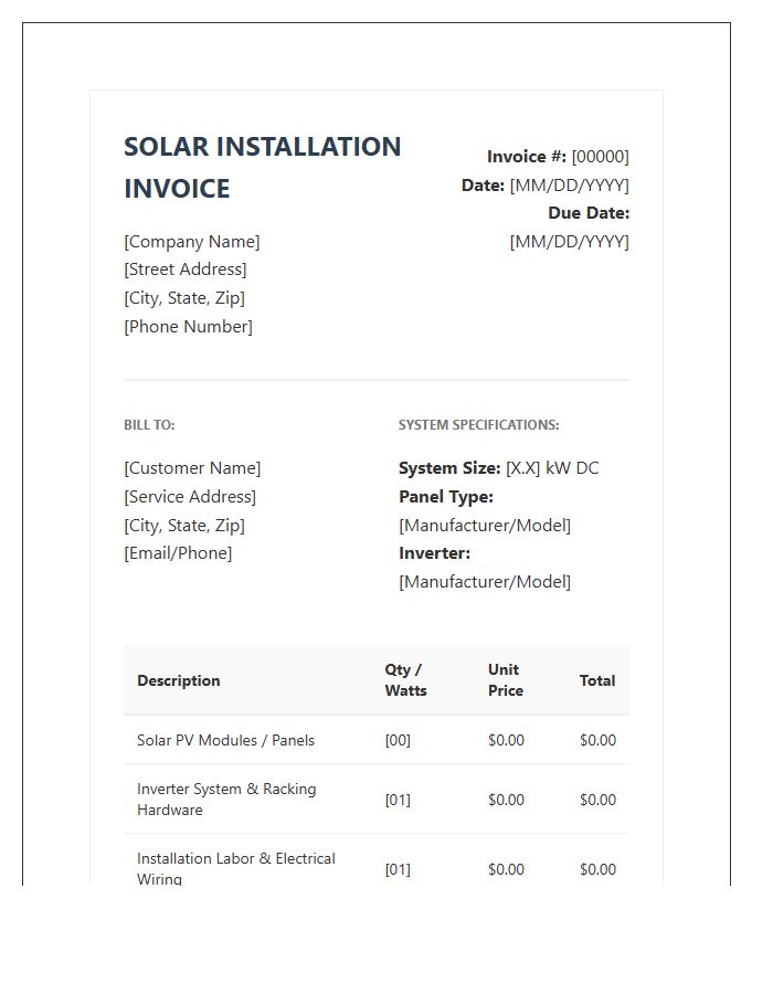 Standard Solar Panel Installation Billing Invoice Template