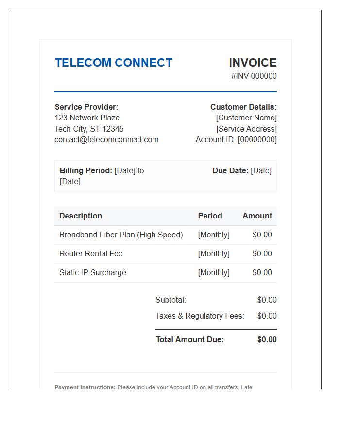 Telecom Broadband Billing Invoice Template