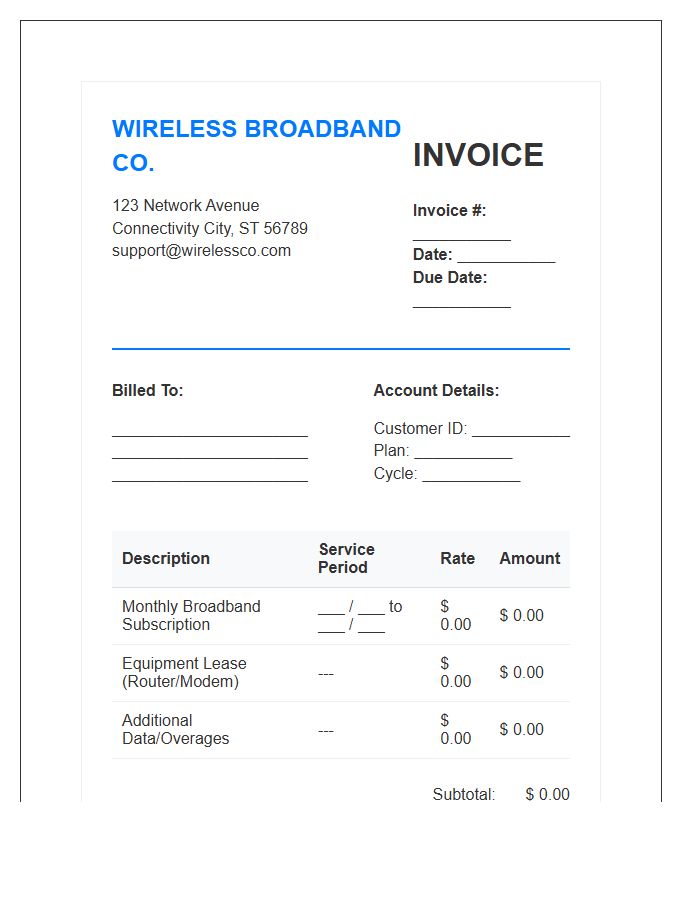 Wireless Broadband Service Invoice Template