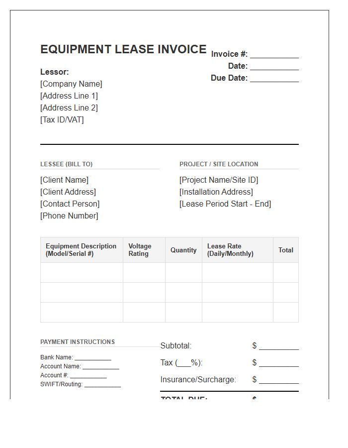High Voltage Equipment Lease Invoice Template