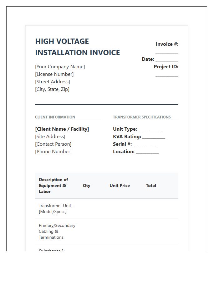 High Voltage Transformer Installation Invoice Template