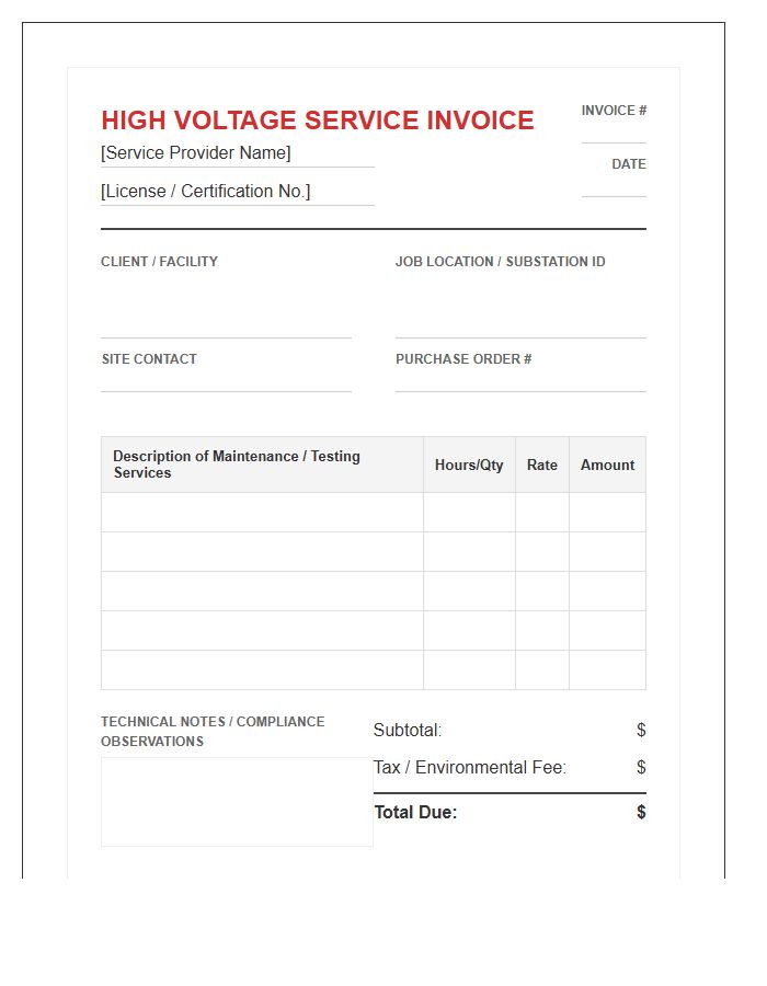 Industrial High Voltage Service Invoice Template
