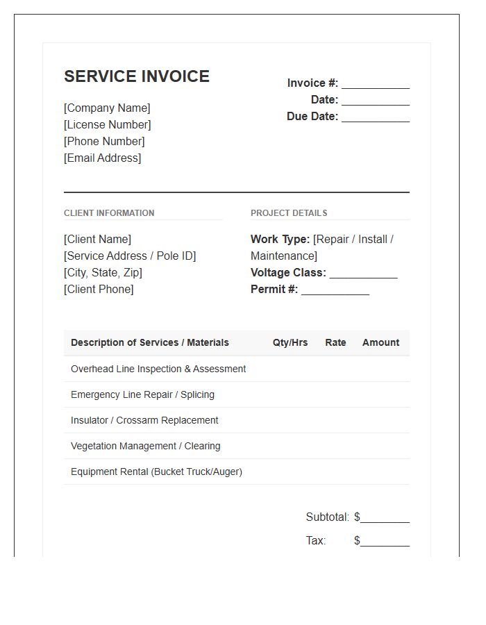 Overhead Power Line Service Invoice Template