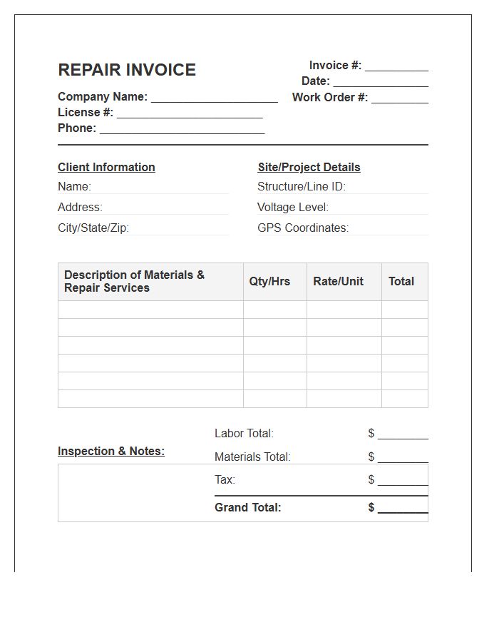 Transmission Line Repair Invoice Template