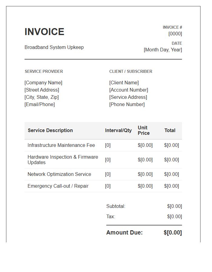 Broadband System Upkeep Invoice Template