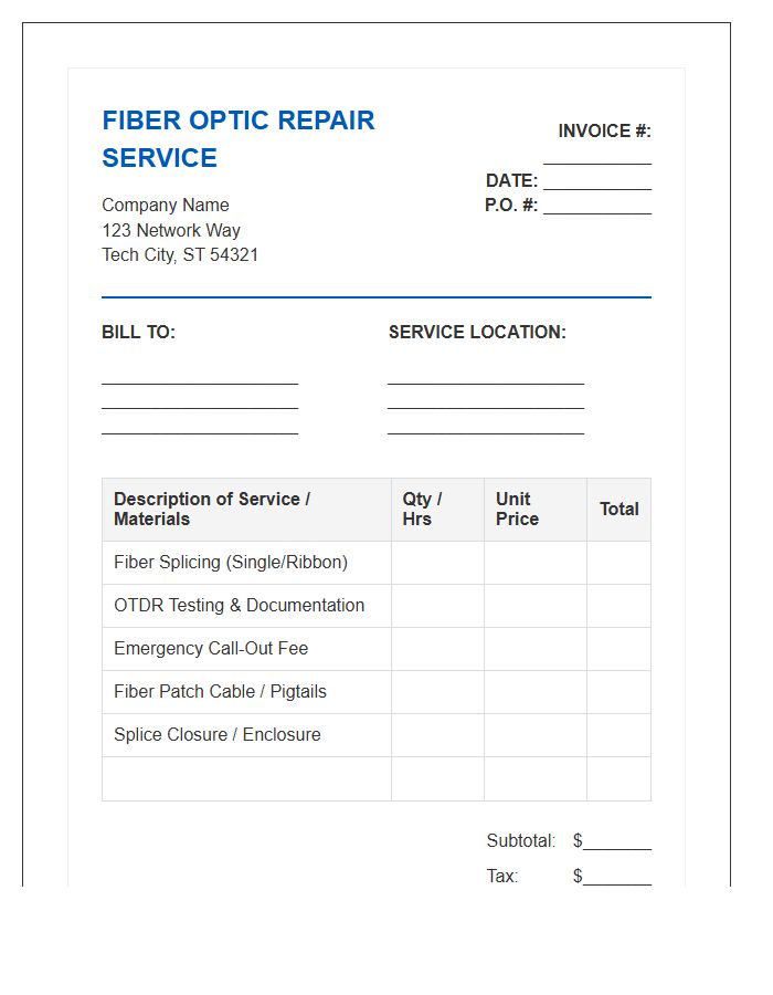 Fiber Optic Repair Service Invoice Template