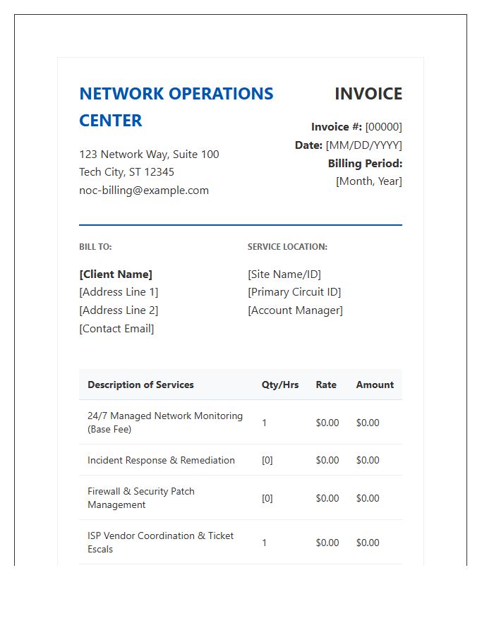 Network Operations Center Monthly Invoice Template
