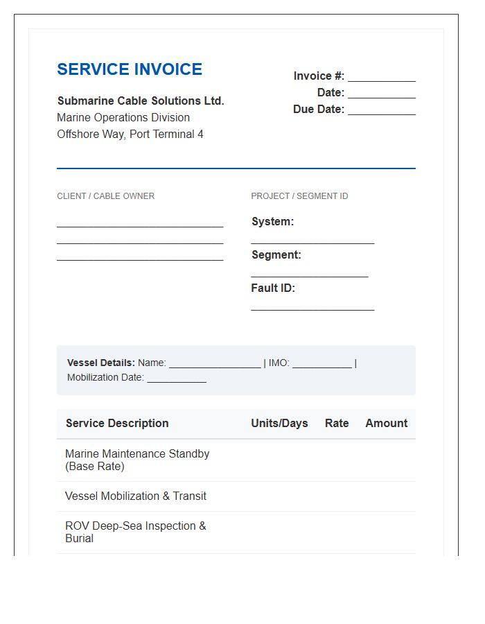 Submarine Cable Maintenance Service Invoice Template