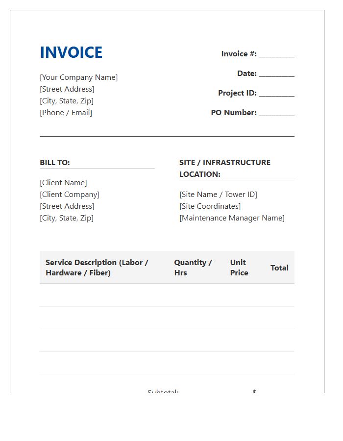 Telecommunications Infrastructure Support Invoice Template