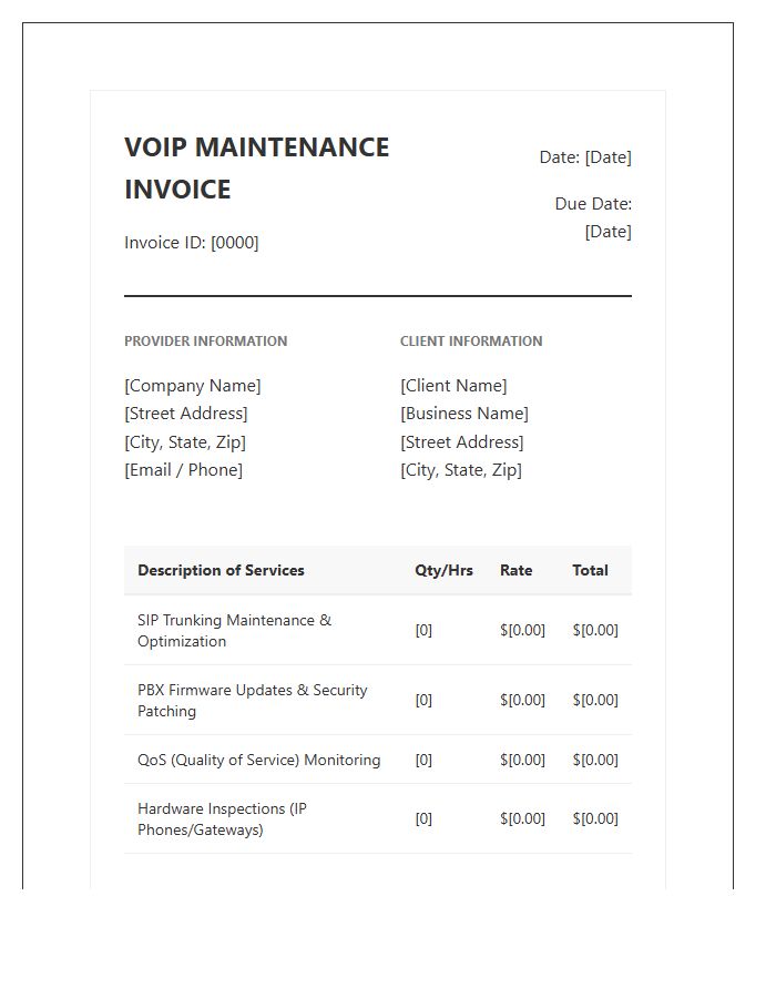Voice Over IP System Maintenance Invoice Template