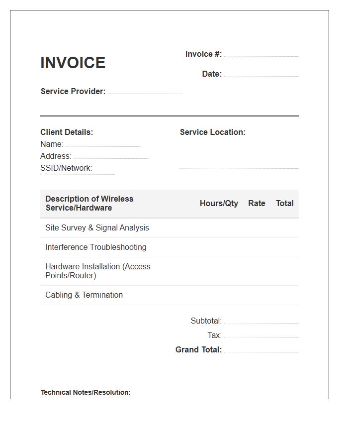 Wireless Network Troubleshooting Invoice Template