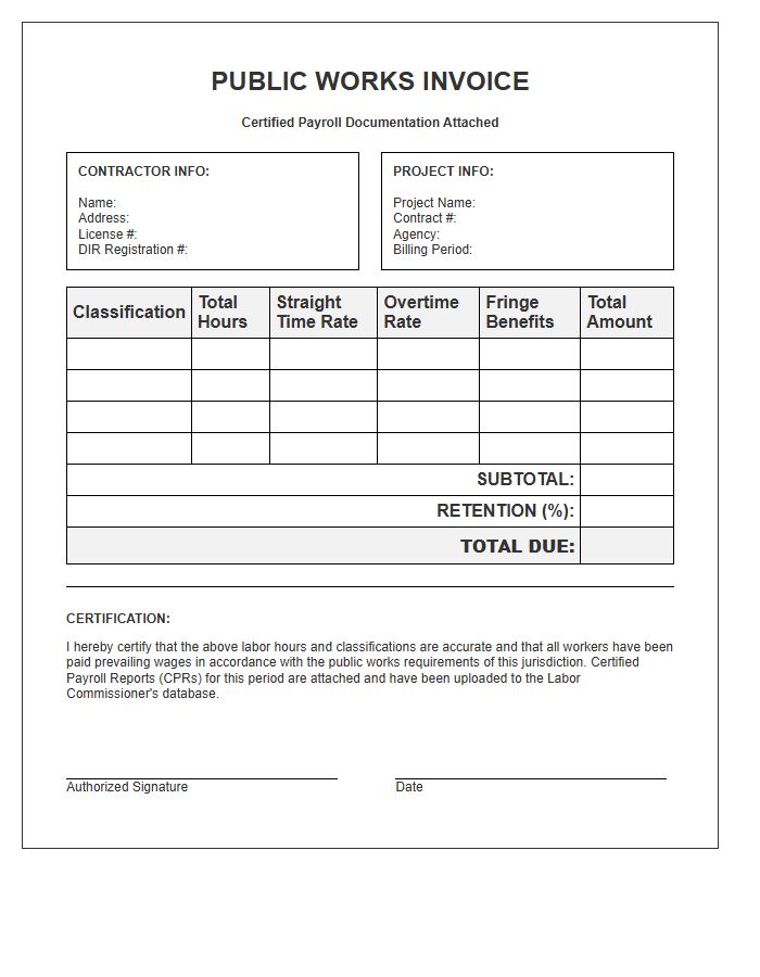 Certified Payroll Public Works Invoice Template