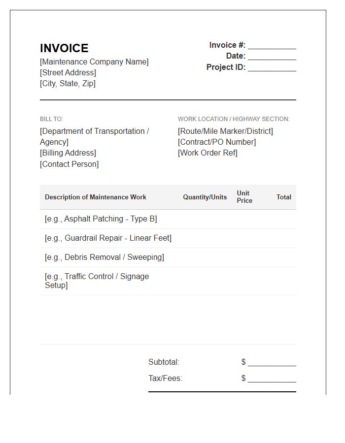 Highway Maintenance Project Invoice Template