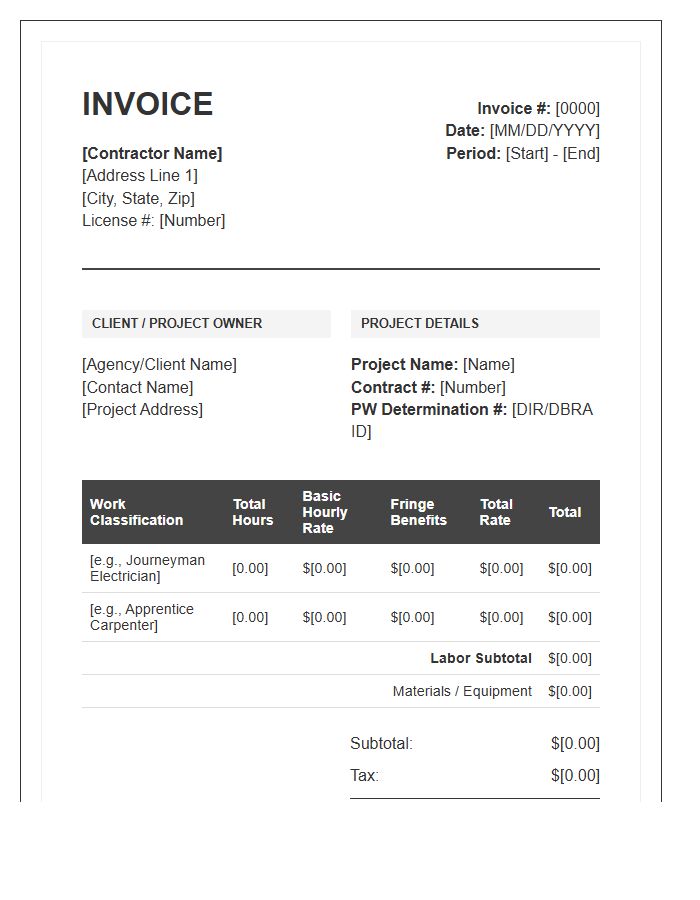 Prevailing Wage Compliance Invoice Template