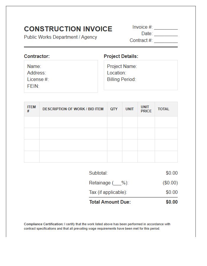 Public Works Construction Services Invoice Template