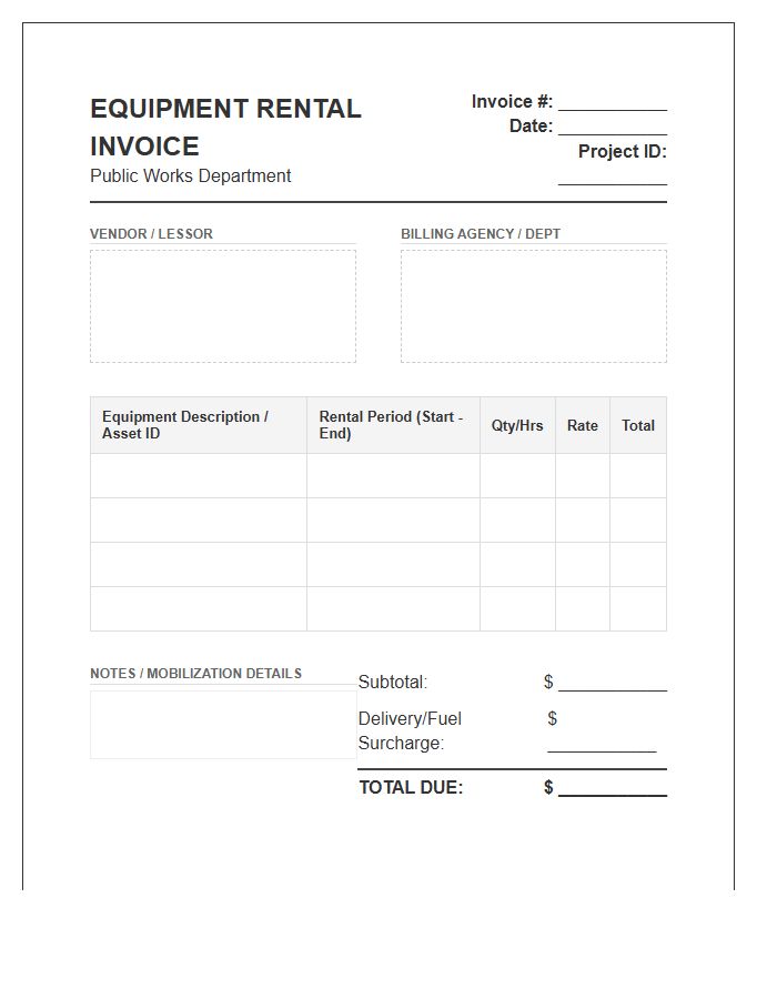 Public Works Equipment Rental Invoice Template