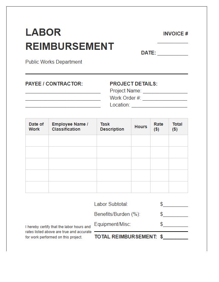 Public Works Labor Reimbursement Invoice Template