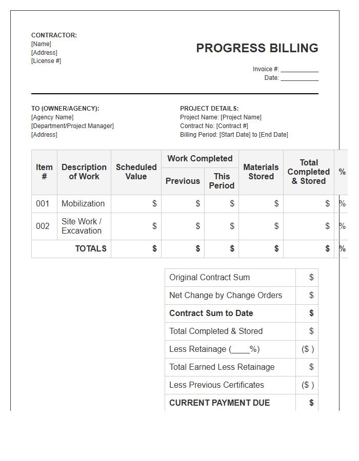 Public Works Progress Billing Invoice Template