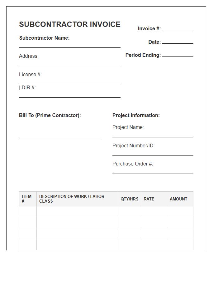 Public Works Subcontractor Invoice Template