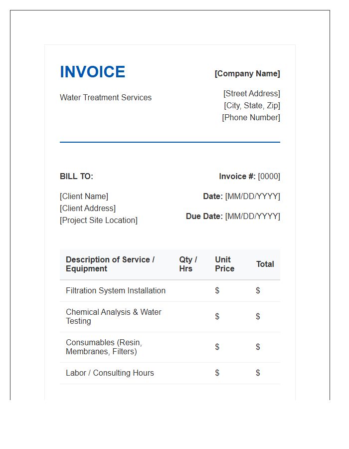 Water Treatment Project Invoice Template