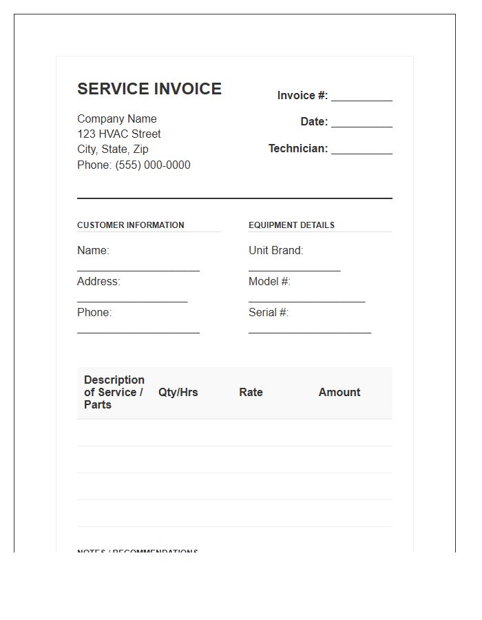 Central Air Conditioning Service Invoice Template