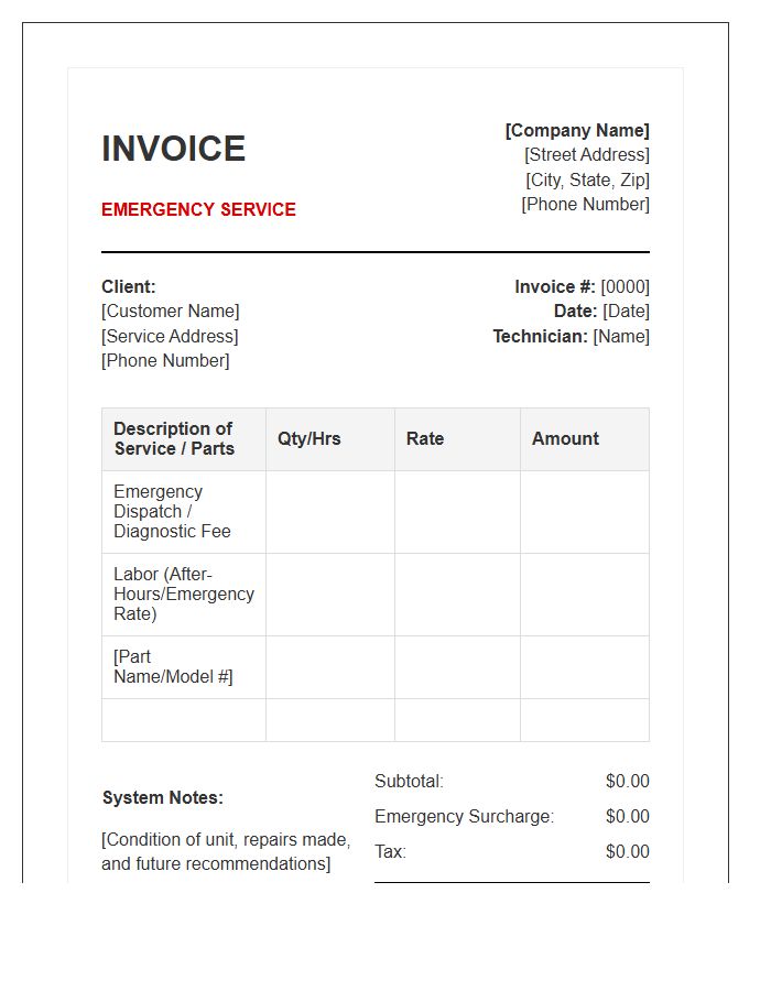 Emergency HVAC Repair Invoice Template