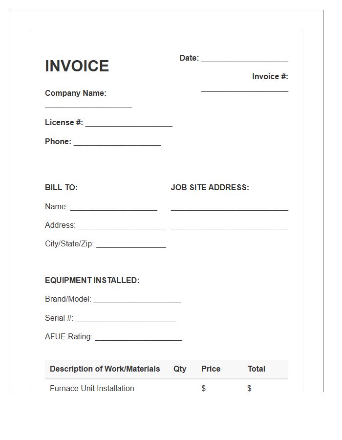 Residential Furnace Installation Invoice Template