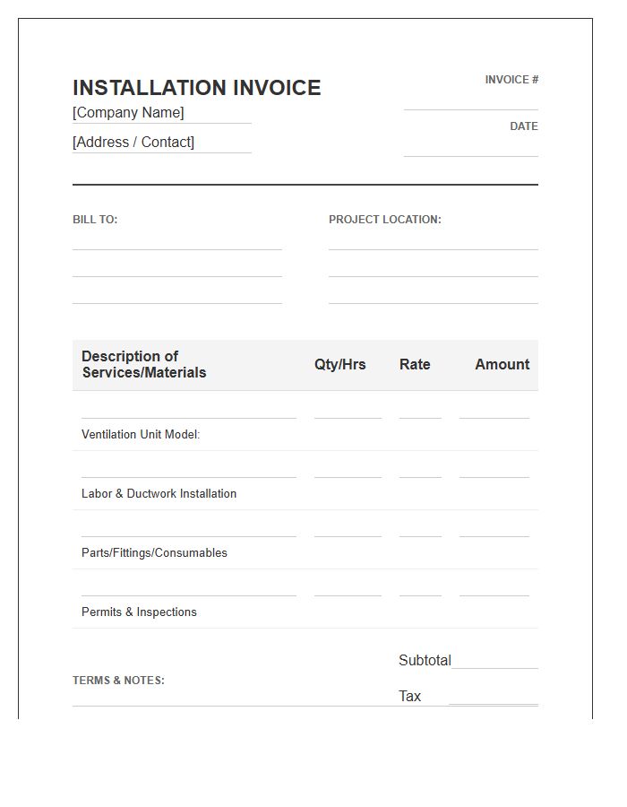Ventilation System Installation Invoice Template