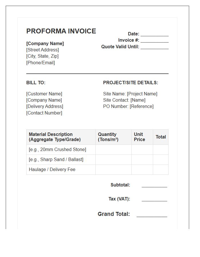 Aggregate Supply Proforma Invoice Template