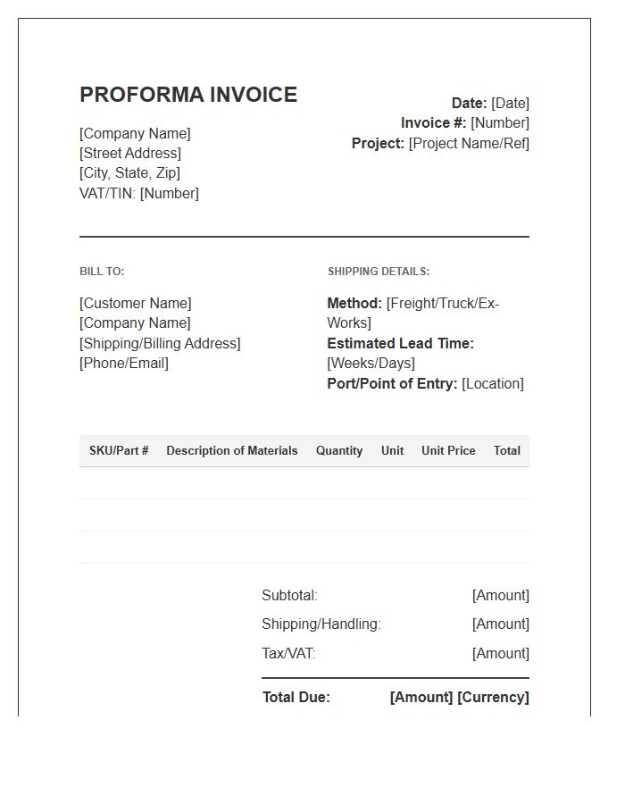 Commercial Building Materials Proforma Invoice Template