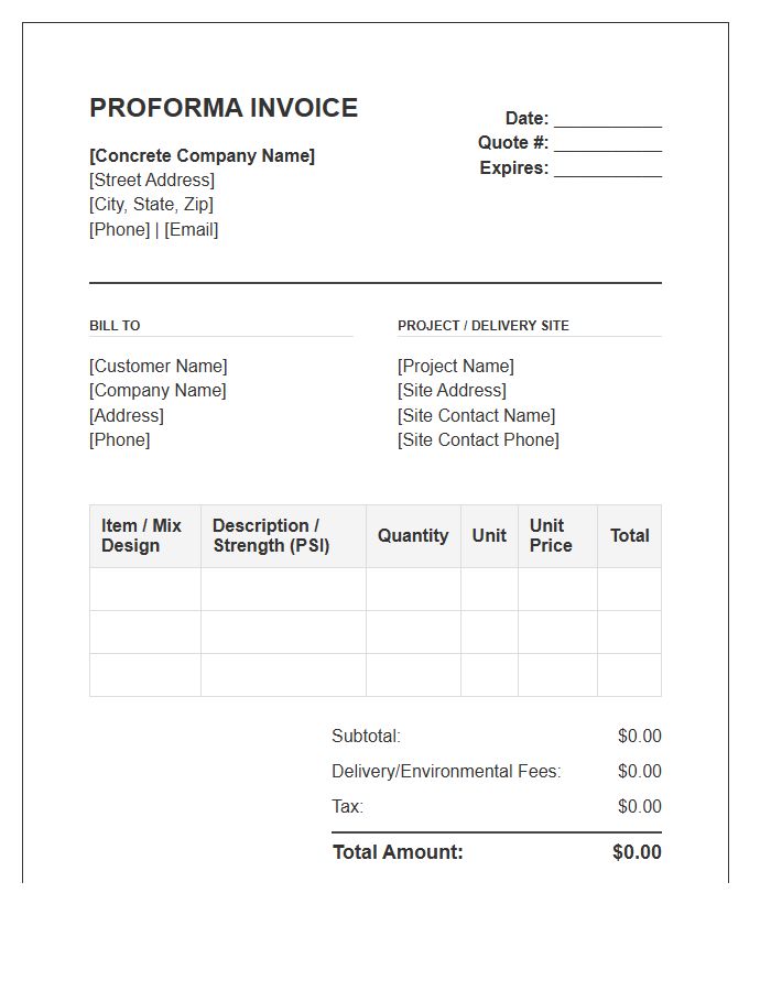 Concrete Products Proforma Invoice Template