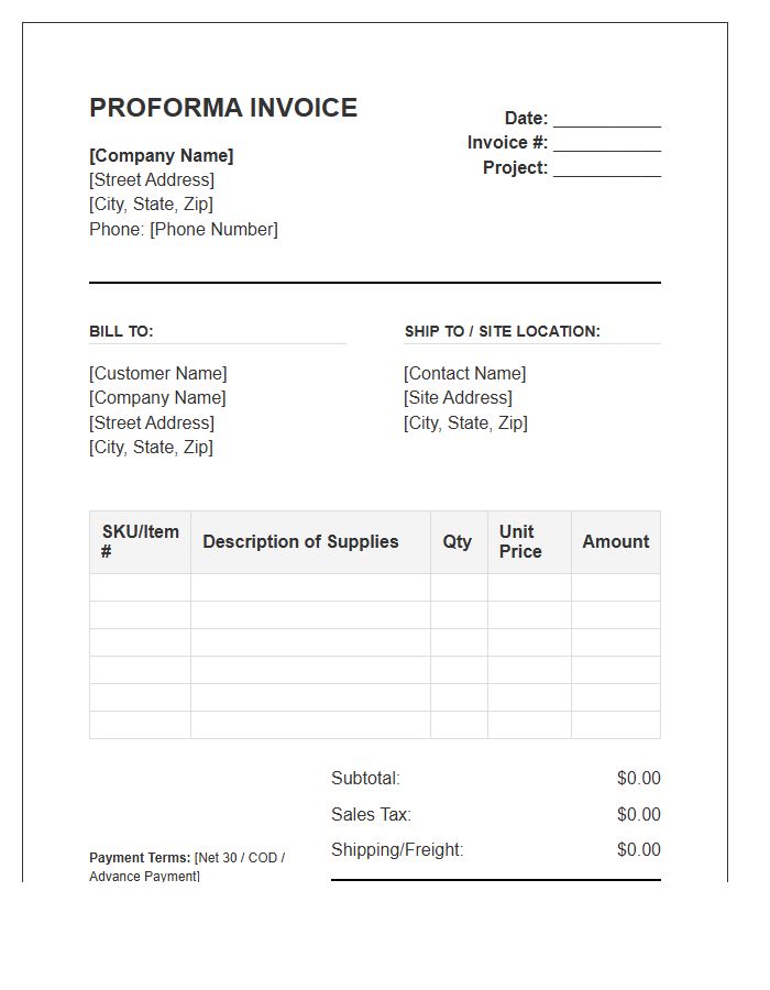 Construction Supplies Proforma Invoice Template