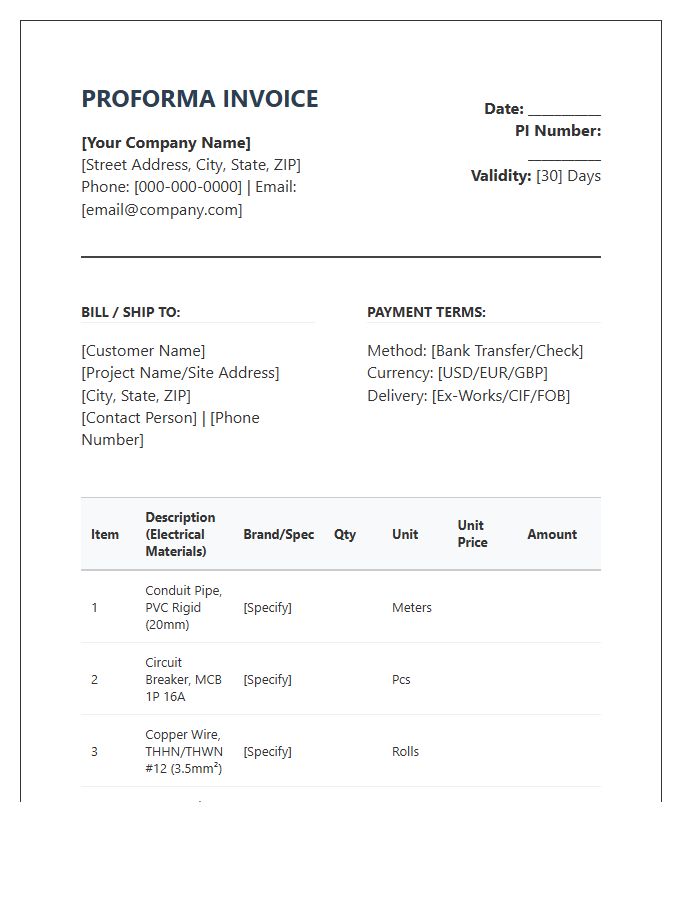 Electrical Construction Materials Proforma Invoice Template
