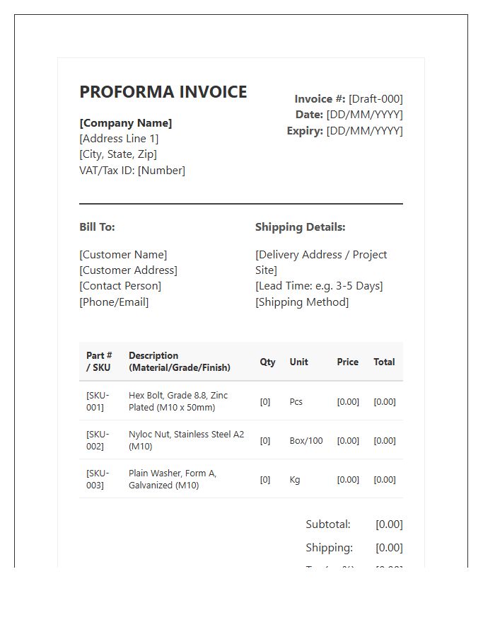 Fastener And Fixings Proforma Invoice Template