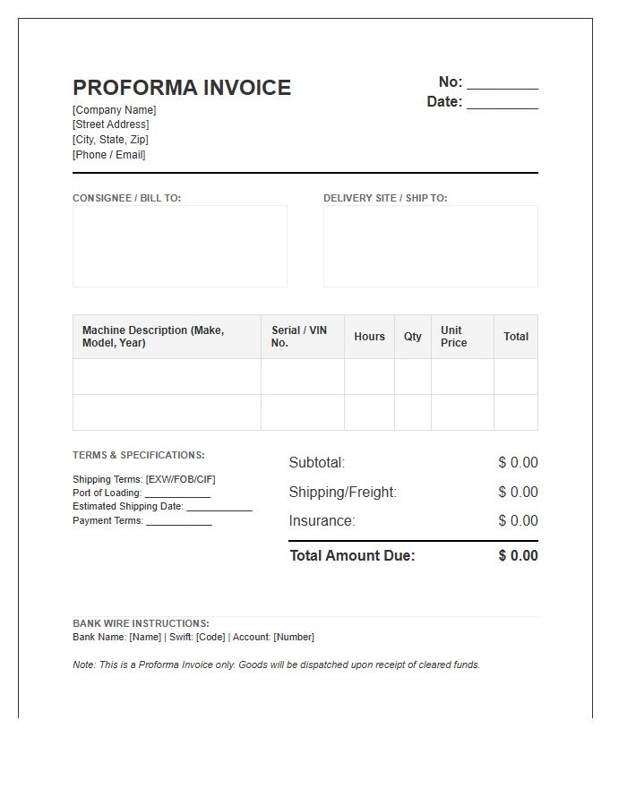 Heavy Construction Equipment Proforma Invoice Template
