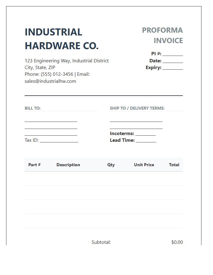 Industrial Hardware Proforma Invoice Template
