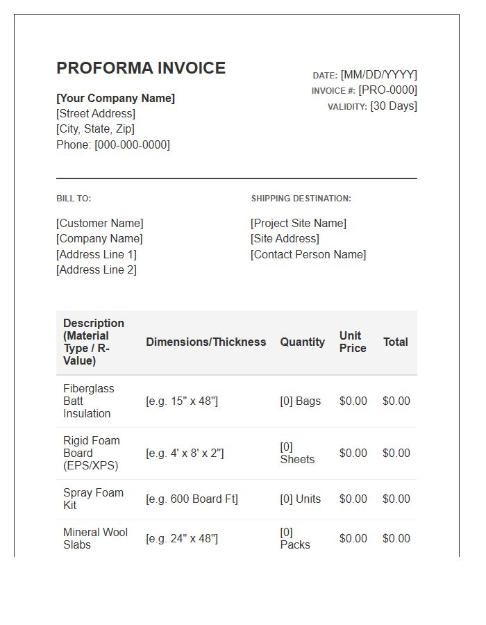 Insulation Materials Proforma Invoice Template