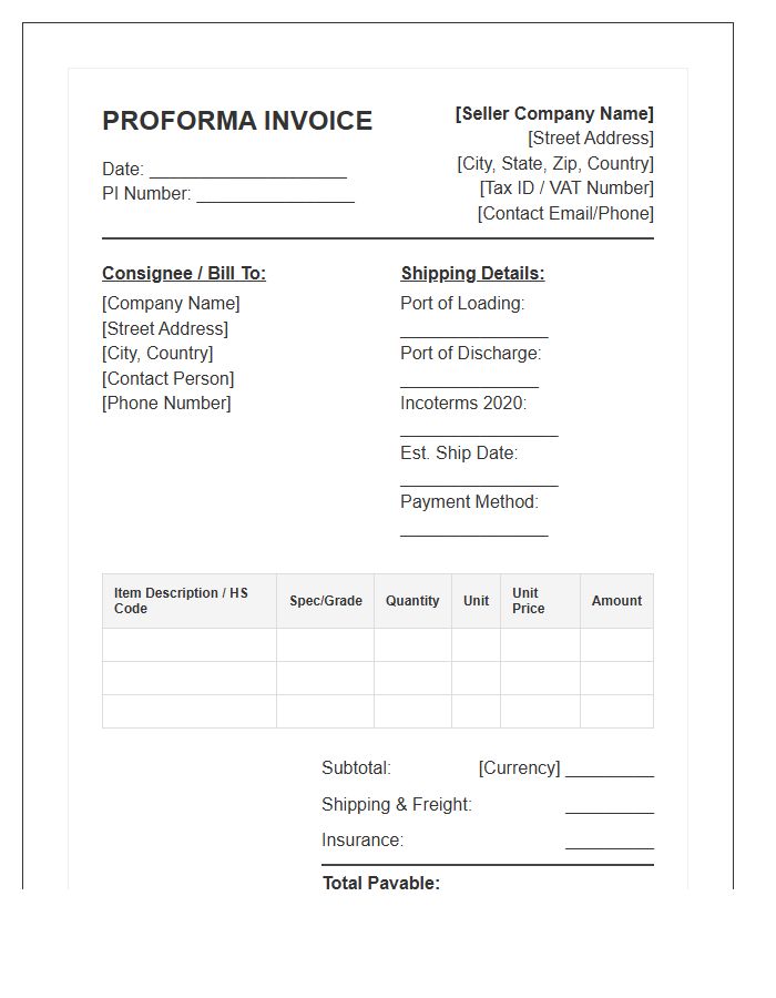 International Construction Materials Proforma Invoice Template