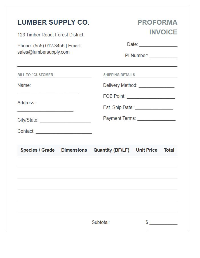 Lumber Supply Proforma Invoice Template