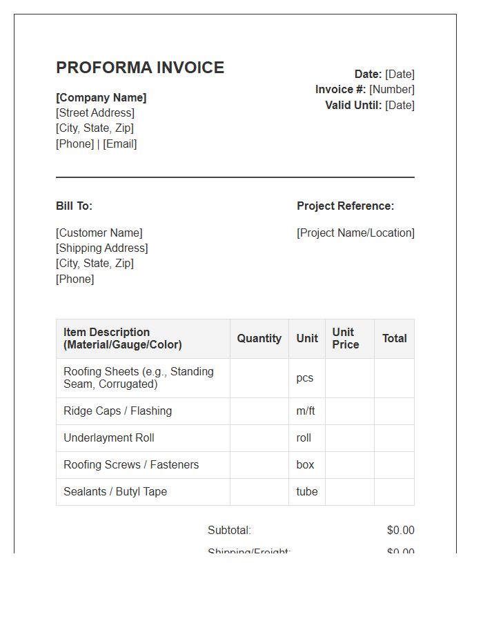 Roofing Materials Proforma Invoice Template