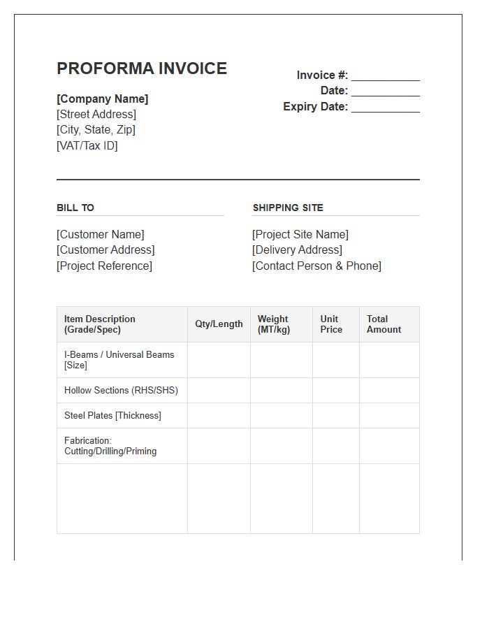 Structural Steel Proforma Invoice Template