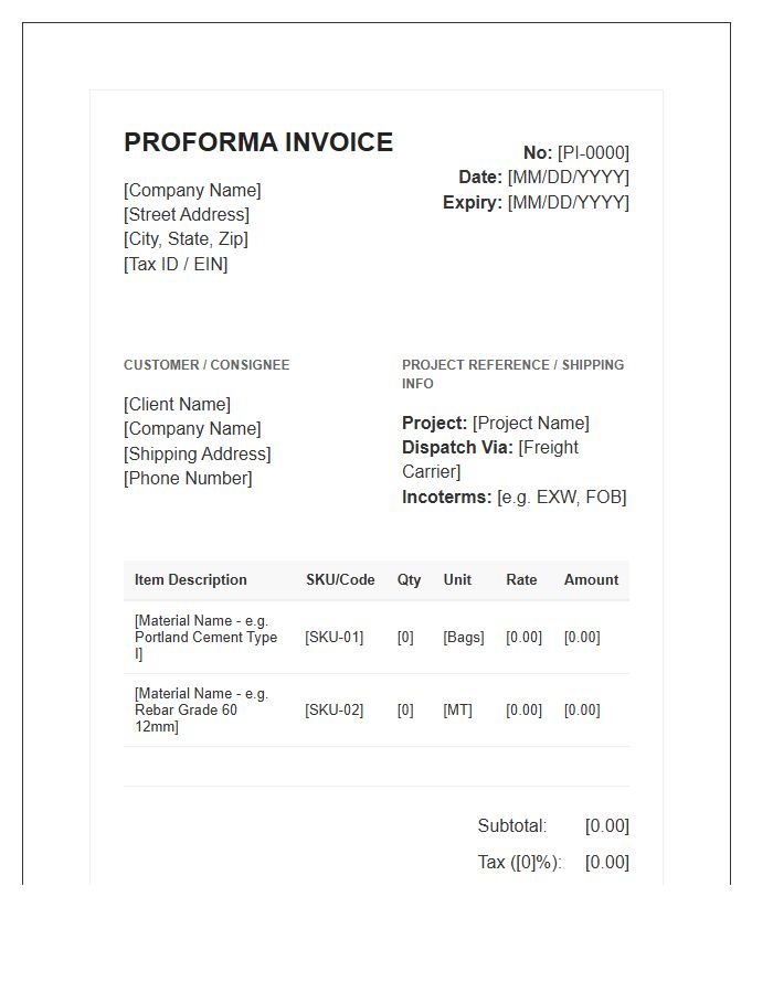 Wholesale Construction Materials Proforma Invoice Template