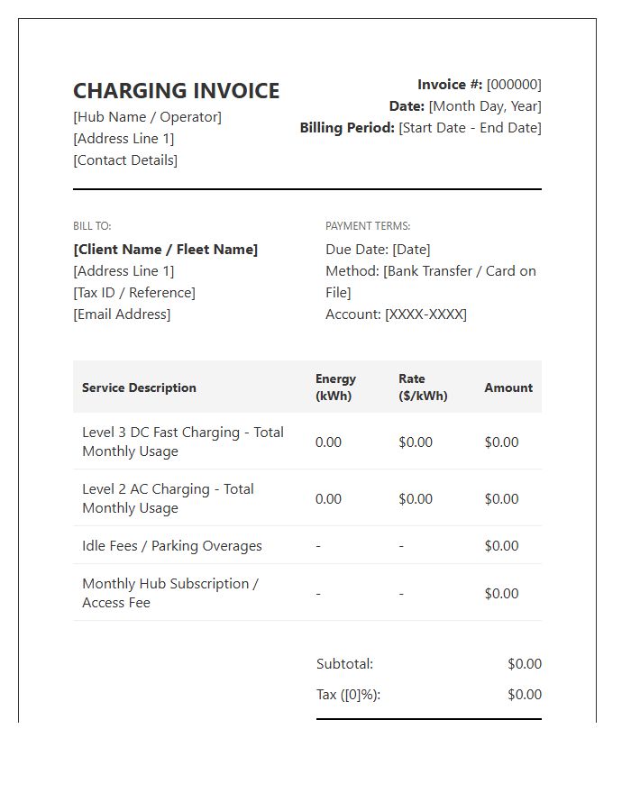 Commercial Charging Hub Monthly Invoice Template