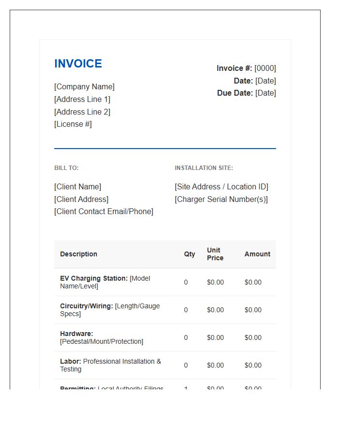 EV Charging Infrastructure Installation Invoice Template