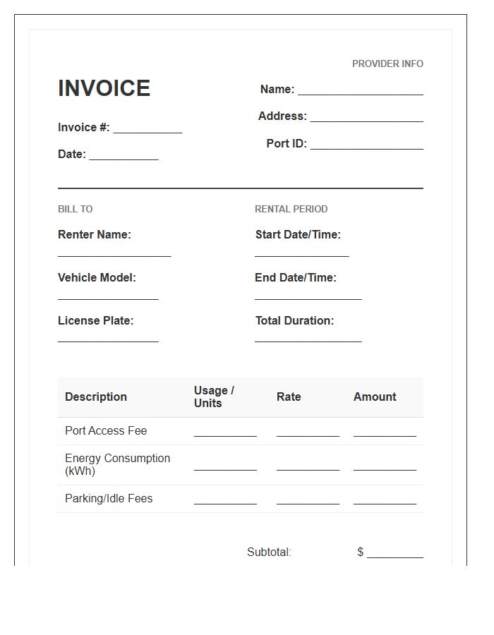 Private Charging Port Rental Invoice Template