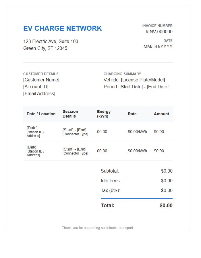 Public EV Charging Network Invoice Template